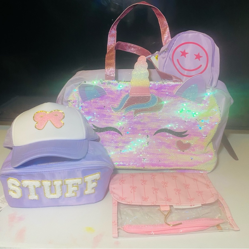 Kids Iridescent Unicorn Sequin Travel Set - Lavender & Pink